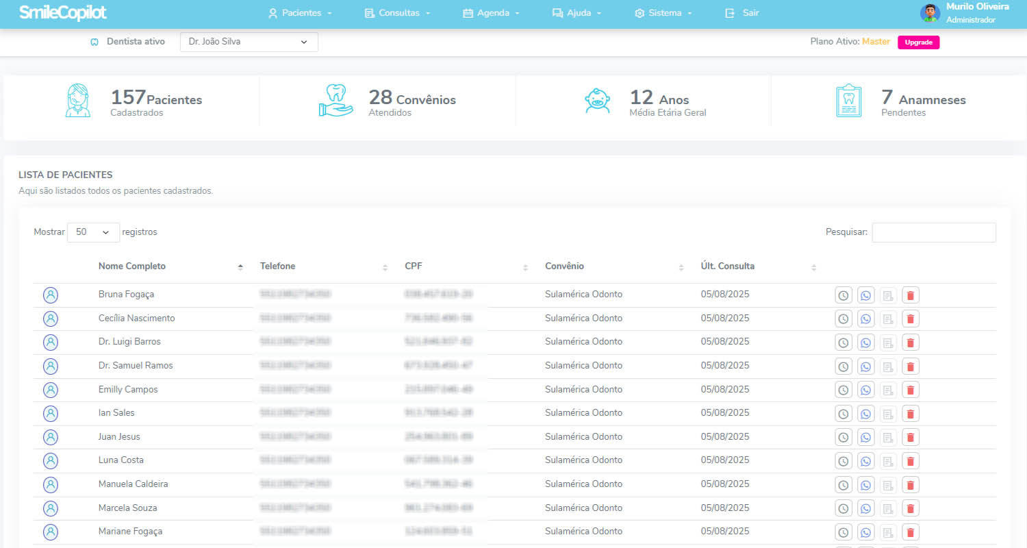 Lista de pacientes no SmileCopilot